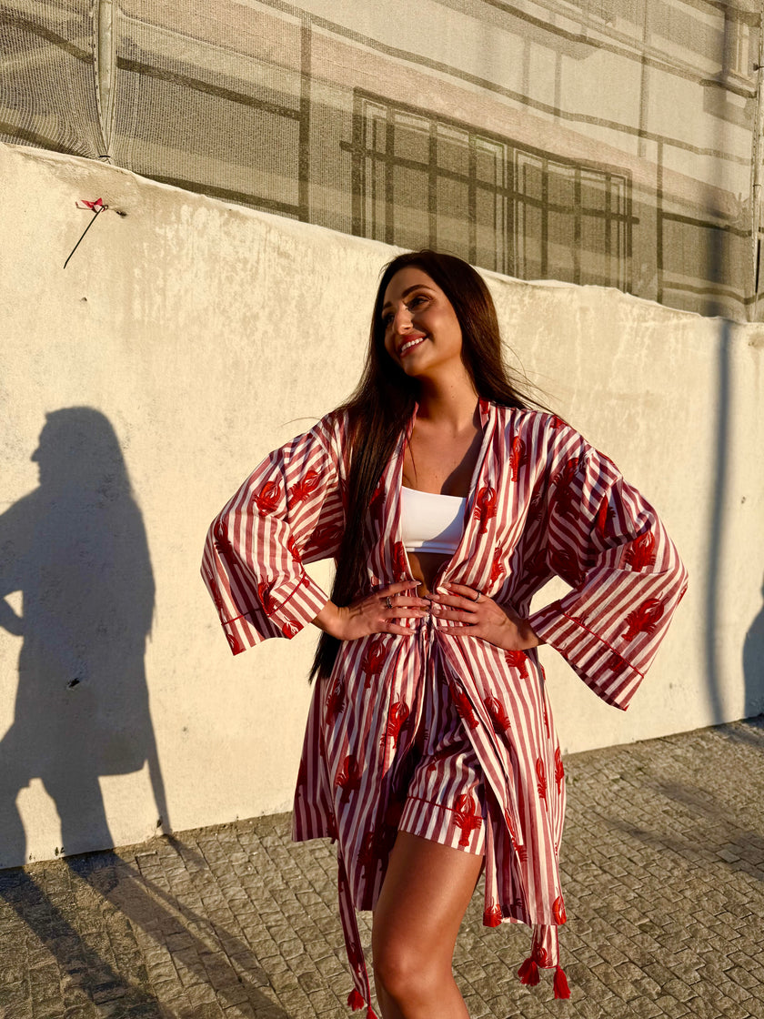 KIMONO KRÁTKÉ HUMR PRUHOVANÝ RŮŽOVÝ