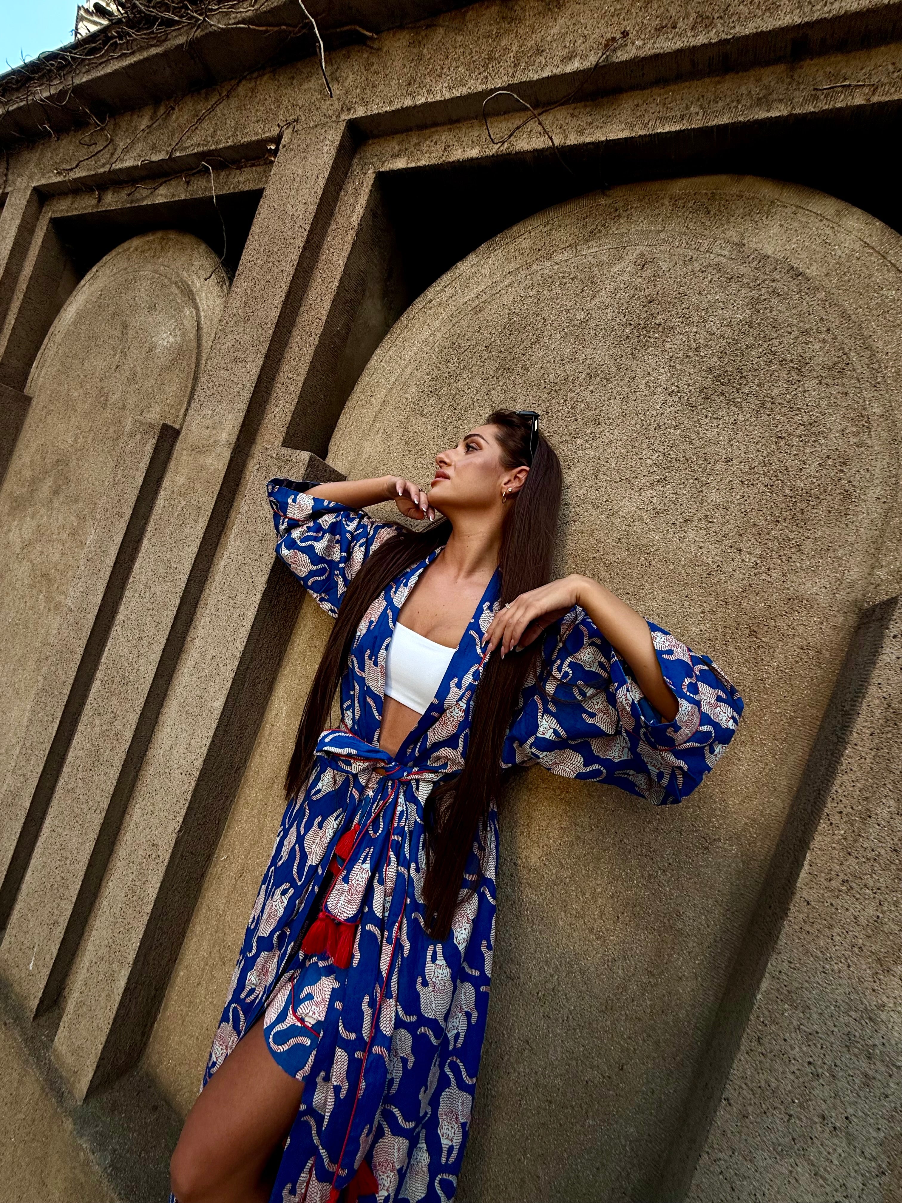 KIMONO DLOUHÉ TYGR MODRÝ